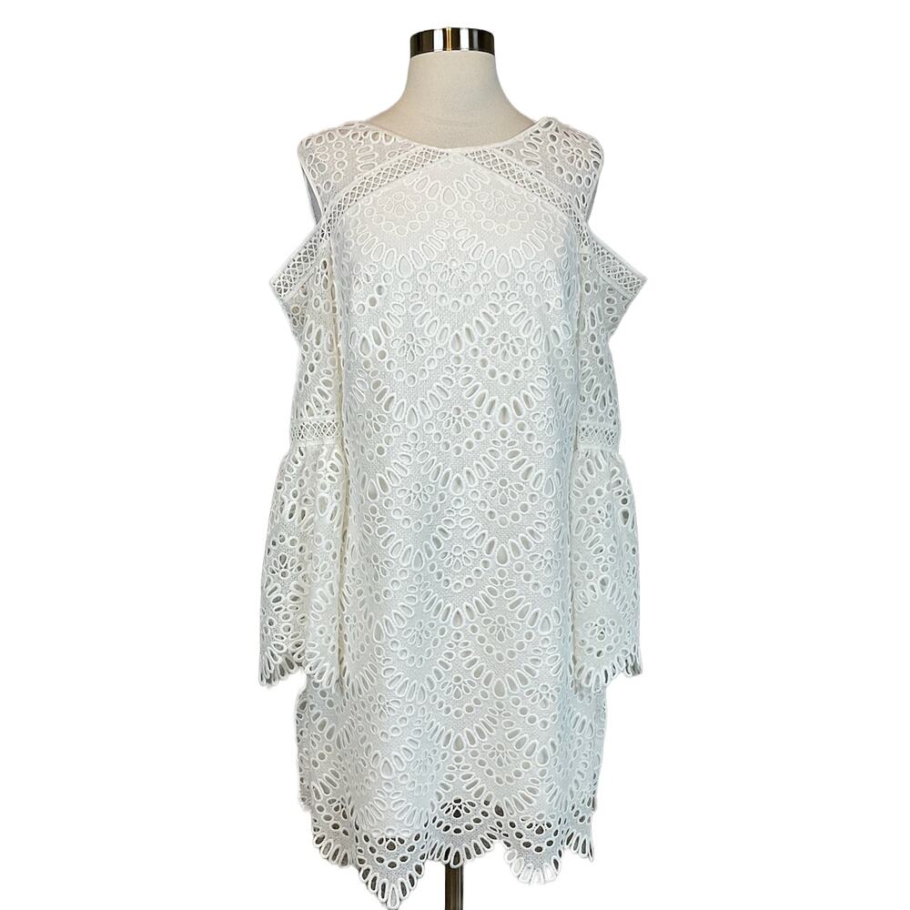 Laundry White Cocktail Dress Eyelet Lace Cut Out Long Sleeve Mini Shift Size 10 - Picture 2 of 9